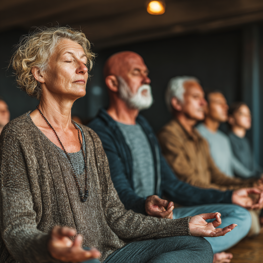 Group of experienced adult practitioners in meditation session