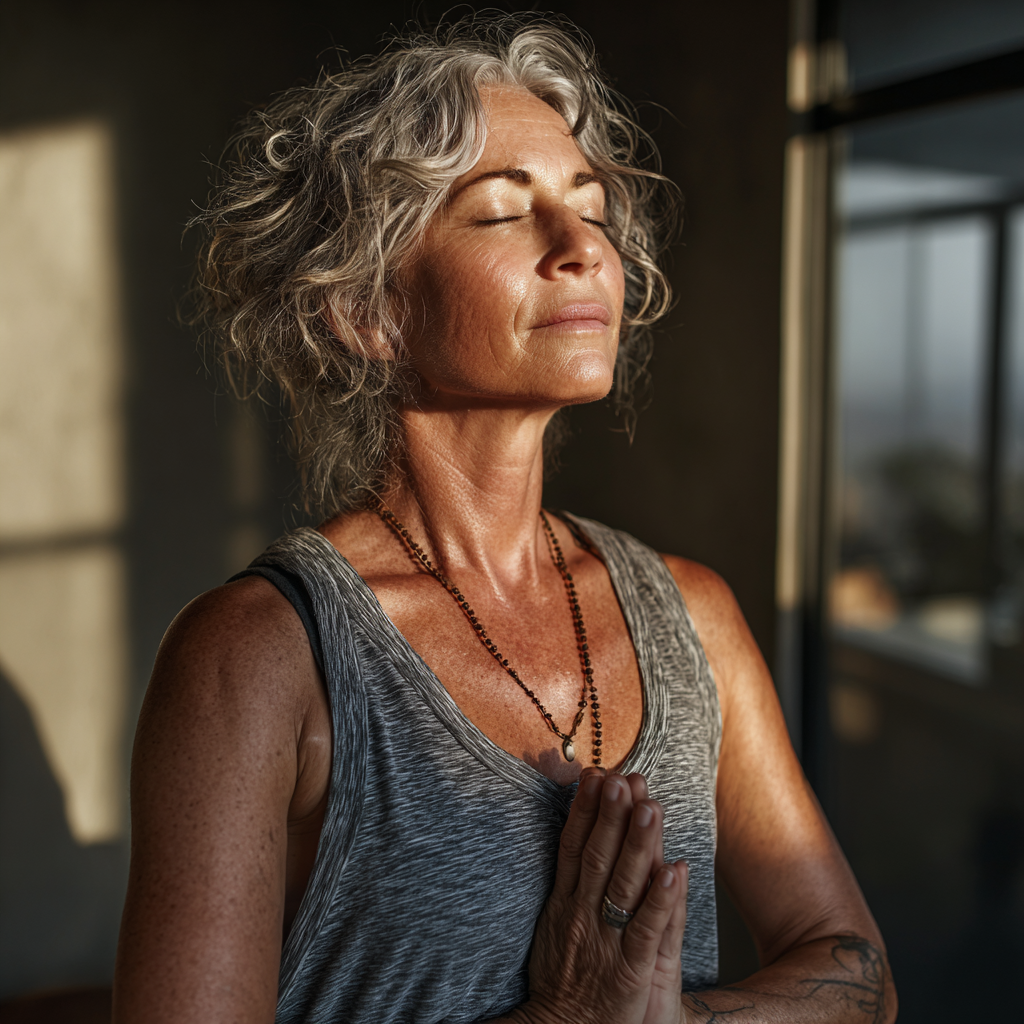 Mature woman in peaceful yoga pose practicing mindfulness